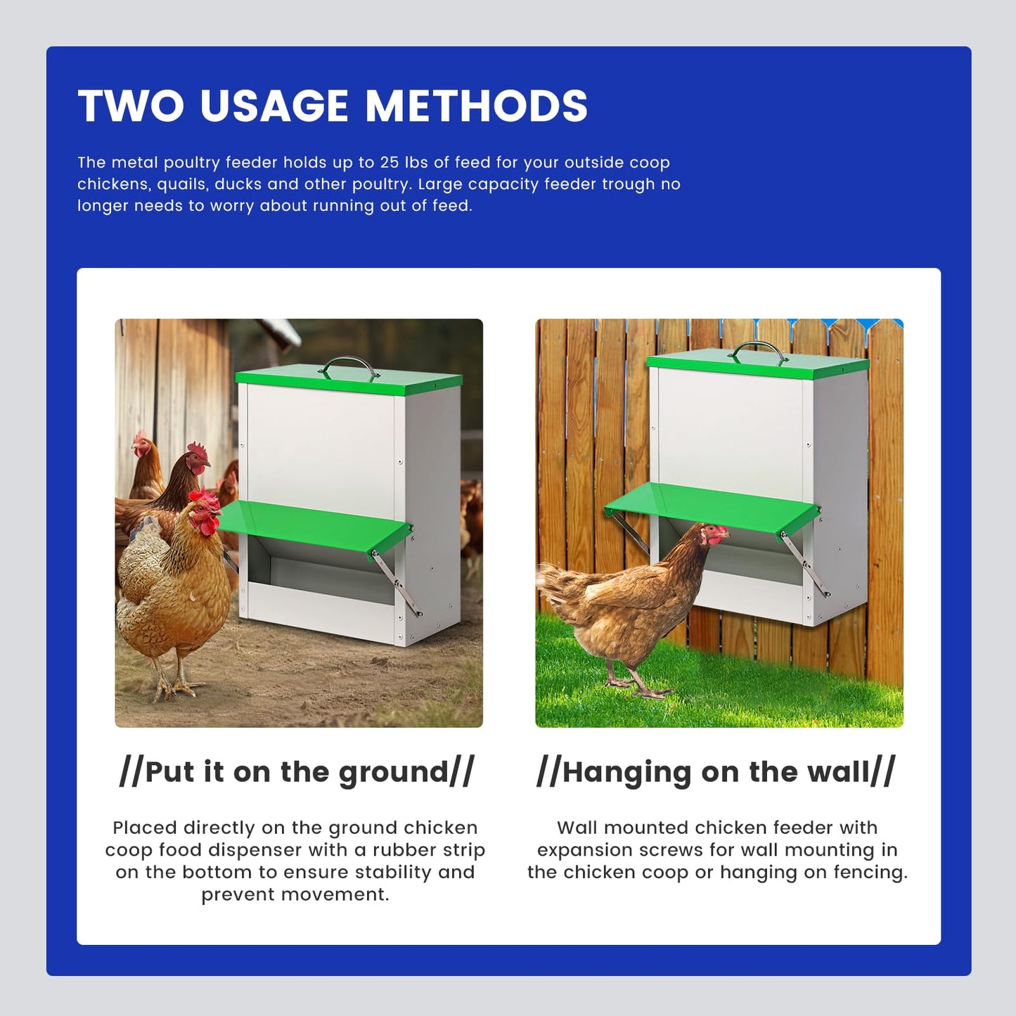25lb Automatic Chicken Feeders Metal Poultry Feeder no Waste Large Chicken Coop Feeders with Lid Hanging Chicken Feeder Trough for Quail Chickens Ducks Feeder Outside Waterproof Chicken Feeder