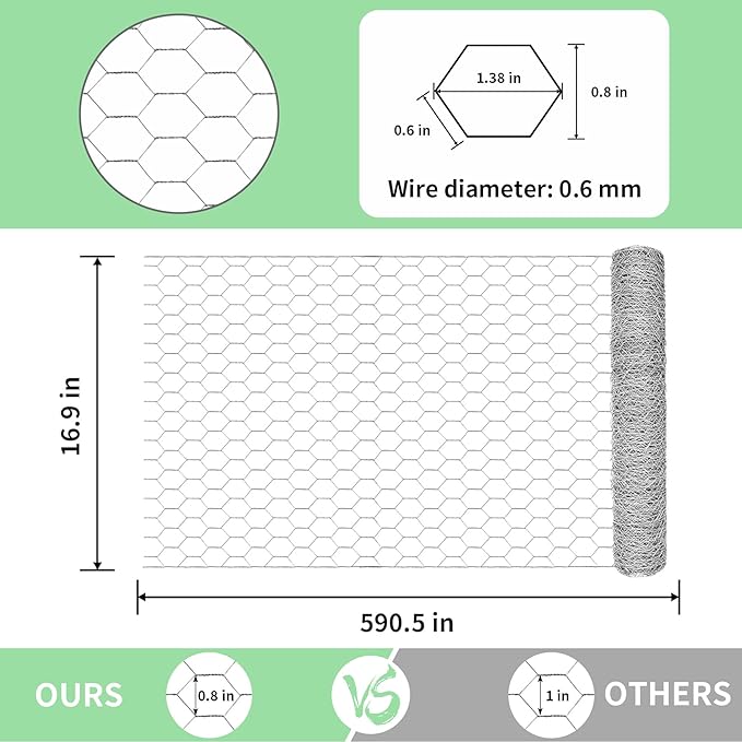 Chicken Wire 16.9 in x 590.5 in Poultry Wire Netting Hexagonal Galvanized Mesh Garden Fence Barrier for Pet Rabbit Chicken Fencing with 100 Pcs Cable Zip Ties