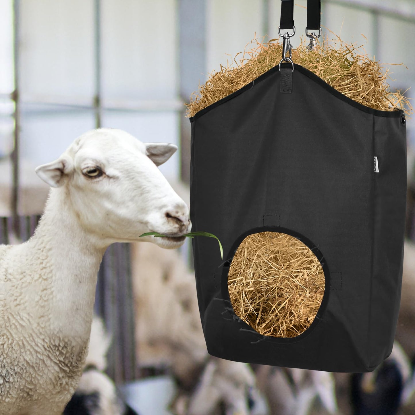 MIYABALA 3 Packs Goat Hay Feeder,Hay Bags for Goats,Horses,Sheep,Premium 600D Oxford Cloth,with Metal Fastener and Adjustable Open Feed Hole for Slow Feeding. (3 Black)