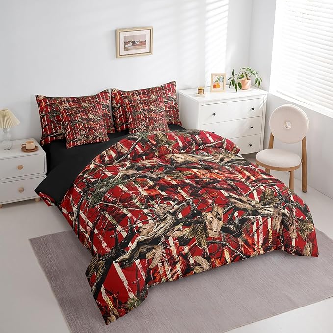 Feelyou Tree Branches 7 Pieces Bedding Set, for Kids Wild Hunting Leaf Bed Set Twin Size Botanical Tree Bed in a Bag with Comforter, Sheets, Pillowcases Bedroom Decor Nature Theme Red Brown