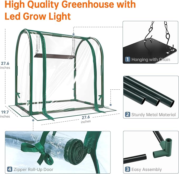 Bstrip Mini Indoor Greenhouse with Grow Lights, 27.2" L X 19.9" W X 27.2" H Desktop Small Greenhouse with Zippered Door and PVC Cover for Seed Starting, 1.6FT Plant Light for Indoor Plants with Timer