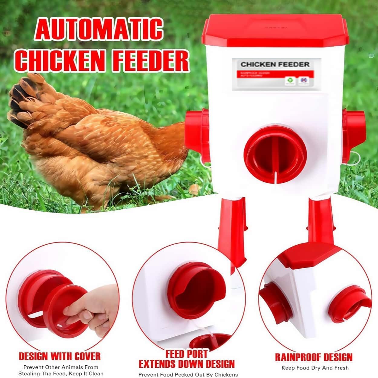 Automatic Chicken Feeder and Waterer Set(4 Buckets/2-3 gallons), 18 Pounds No Waste, Rain Proof Poultry Feeder, Avoid Small Animals, Suitable for Chicken, Duck, Turkey(Red Color)