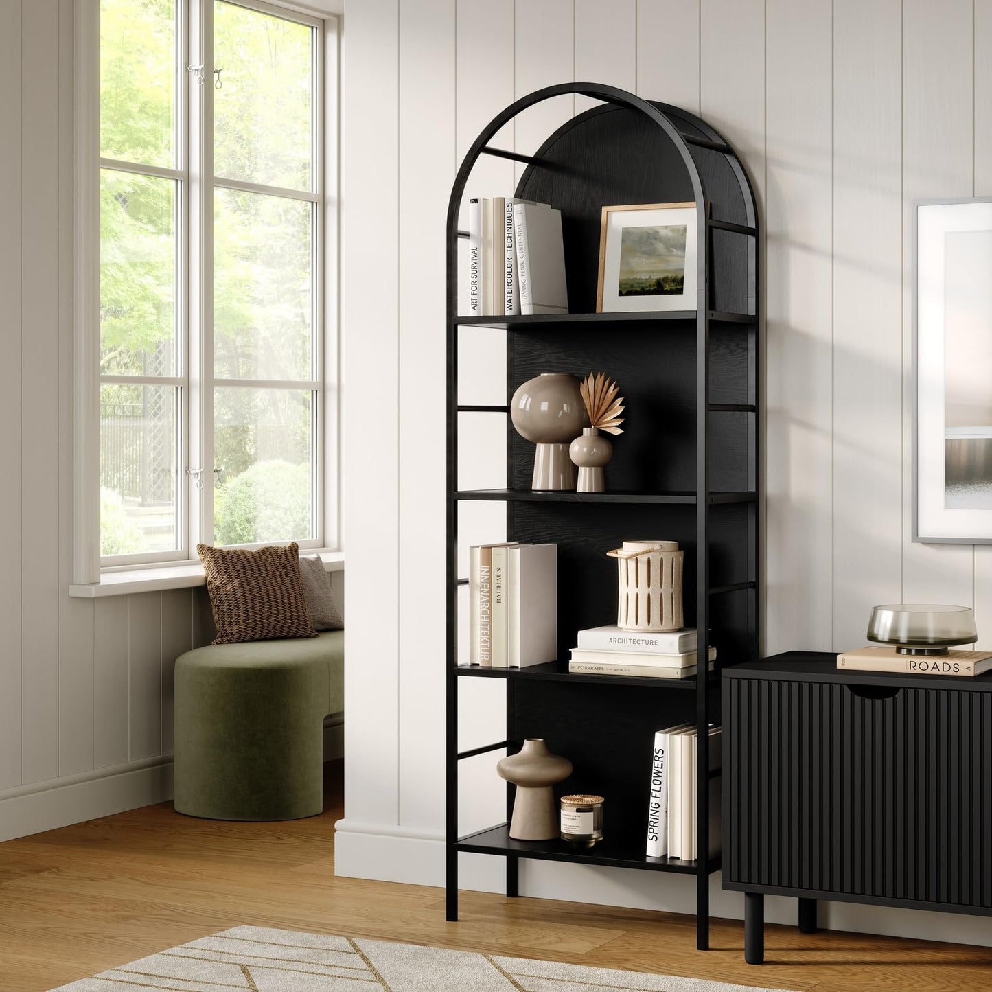 Stead 4-Tier Arched Wood Book Shelf - Black Metal Frame, Wood Panel Backing - Arched Bookcase with Backing, Narrow Black Bookshelf with Grain-Texture Laminate & 25 lb Shelf Capacity