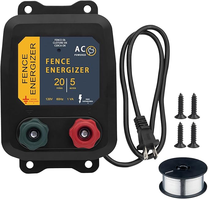 Electric Fence Energizer with 250 Ft 17 Gauge Aluminum Wire, 5 Miles/ 20 Acres 0.2 Joule Electric Fence Charger Plug-in Design for Preventing Raccoons, Livestock, Chicken Coops, Skunks intruding