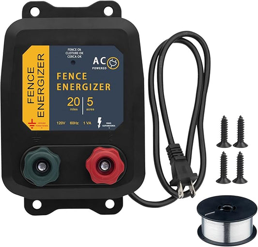 Electric Fence Energizer with 250 Ft 17 Gauge Aluminum Wire, 5 Miles/ 20 Acres 0.2 Joule Electric Fence Charger Plug-in Design for Preventing Raccoons, Livestock, Chicken Coops, Skunks intruding