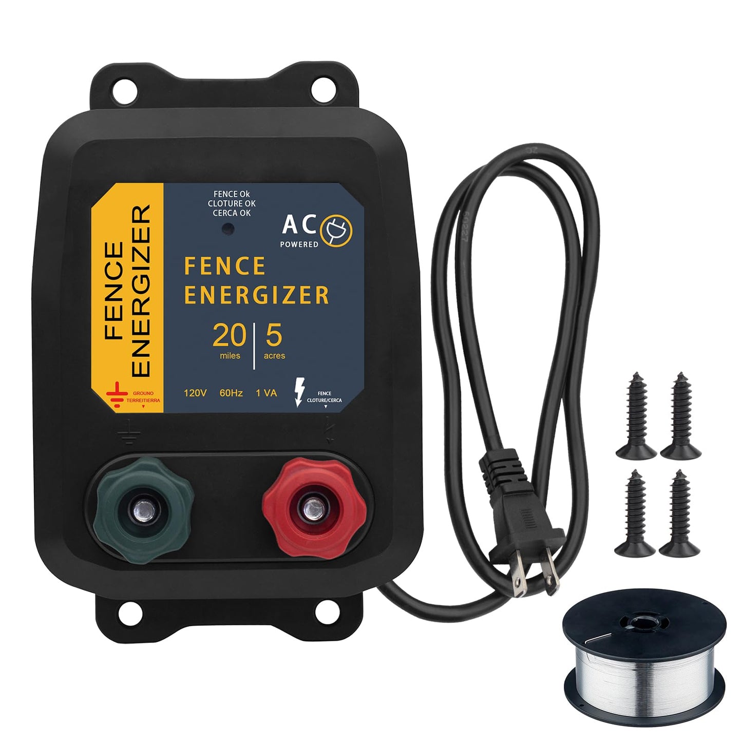 Electric Fence Energizer with 250 Ft 17 Gauge Aluminum Wire, 5 Miles/ 20 Acres 0.2 Joule Electric Fence Charger Plug-in Design for Preventing Raccoons, Livestock, Chicken Coops, Skunks intruding