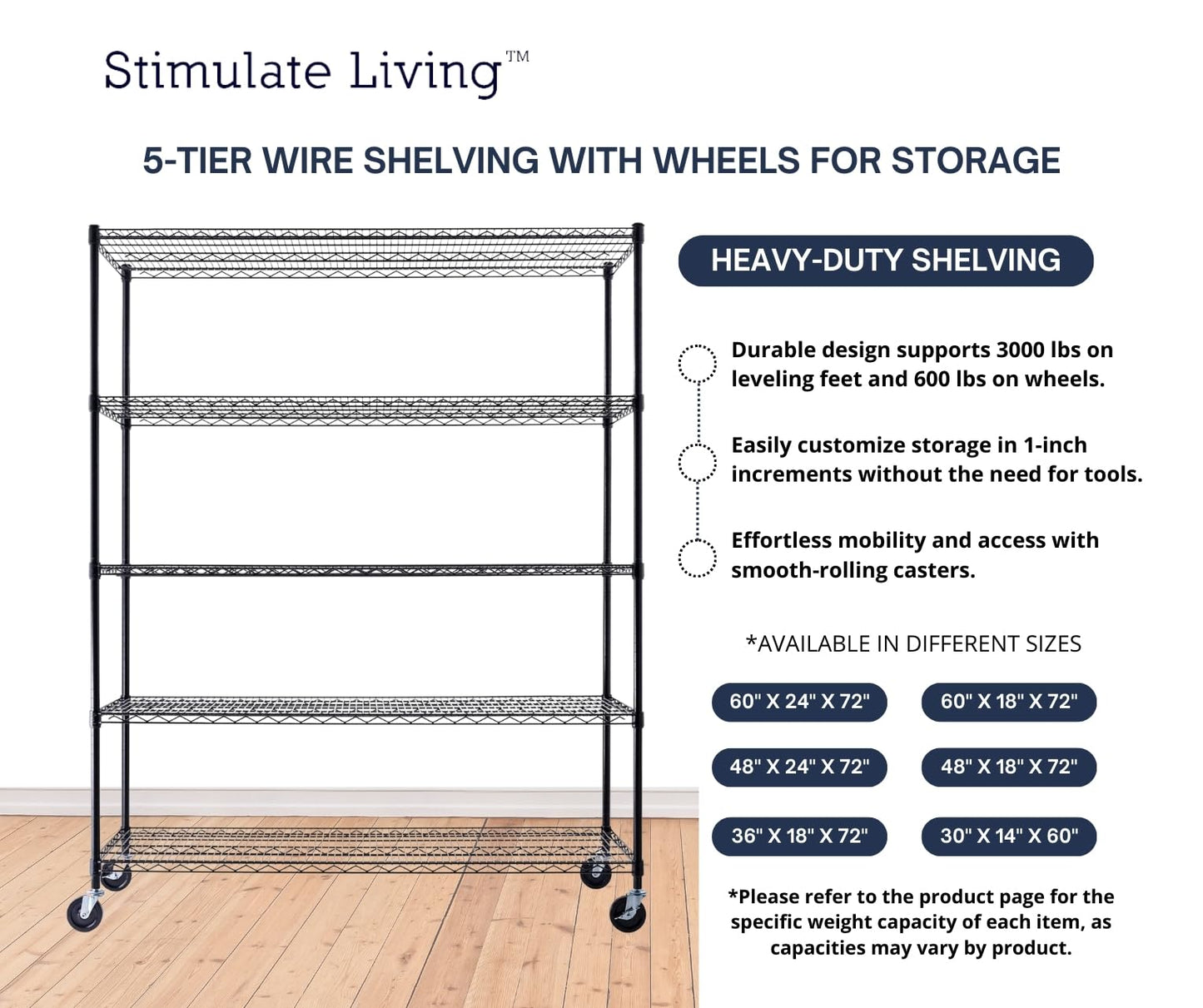 60"x24"x72" PRIME HEAVY DUTY Black 5-Tier Wire Shelving NSF 3000 LBS MAX Capacity Storage Rack for Commercial, School, Home, Garage, Warehouse, Industrial, and Hospital Uses (with Wheels)