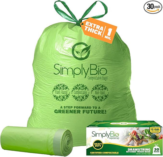 13 Gallon Compostable Trash Bags Liners Drawstring, Heavy Duty Extra Thick 1 Mil, 49.21 Liter, 30 Bags, Tall Kitchen Food Scrap Waste Bag, ASTM D6400, US BPI and OK Compost Home Certified