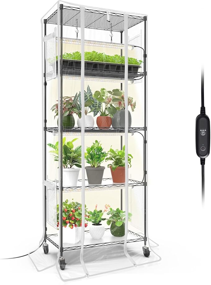 Bstrip Indoor Greenhouse with Grow Light, Mini Green house with 4 Pack 24W Full Spectrum Plant Lights with Timer, Plant Shelf with Tent for Indoor Plant, Seed Starting, Seed Tray, 23.5"x13.8"x59"