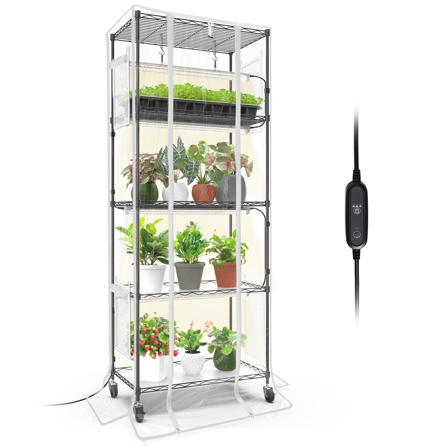 Bstrip Indoor Greenhouse with Grow Light, Mini Green house with 4 Pack 24W Full Spectrum Plant Lights with Timer, Plant Shelf with Tent for Indoor Plant, Seed Starting, Seed Tray, 23.5"x13.8"x59"