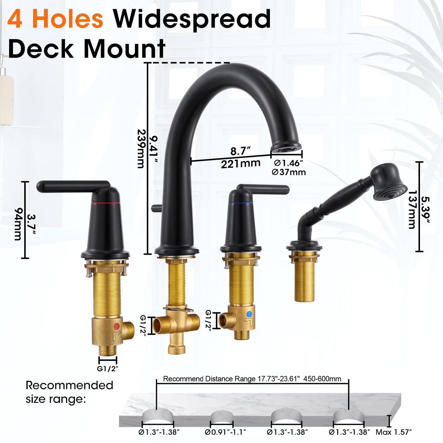 Wintap Bathtub Faucet Trim Kit with Hand Shower and Rough-in Valve Deck Mount 4 Hole High Flow Classic High Arch Tub Faucets Black, WT-9808BK