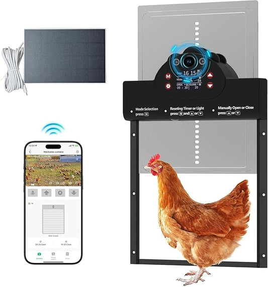 Automatic Chicken Coop Door Solar Powered with 2K Camera & Night Vision Alarm, IP65 Wireless Auto Door Opener, 6-Month Battery, APP Control, 2-Way Audio, Anti-Pinch Design