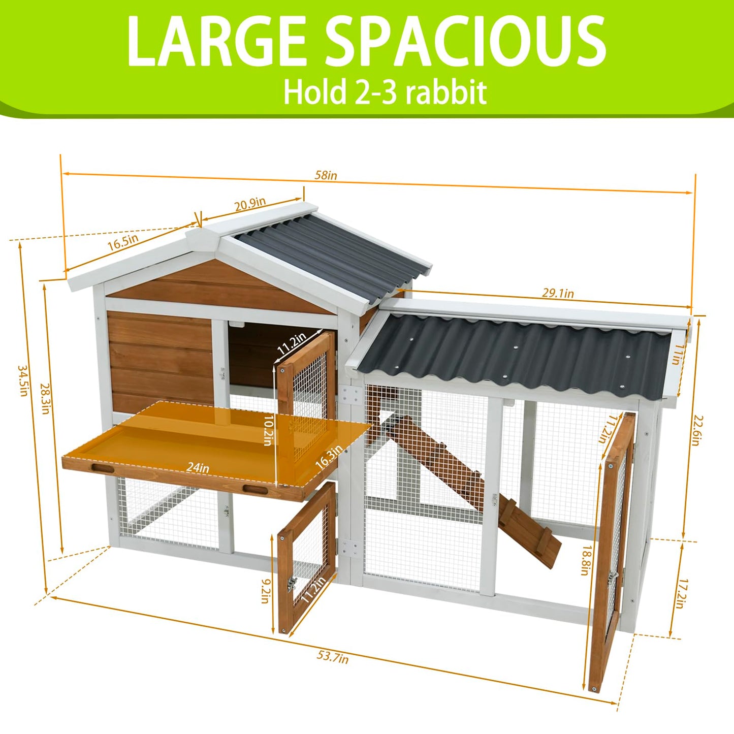 YOPTO 58" Rabbit Cage W/Ramp,Waterproof Rabbit Hutch W/Removable Tray,Wooden Bunny Cage Indoor W/Three Doors & Sloped Roof,Poultry Cage for Small to Medium Pets,Orange-Yellow+White