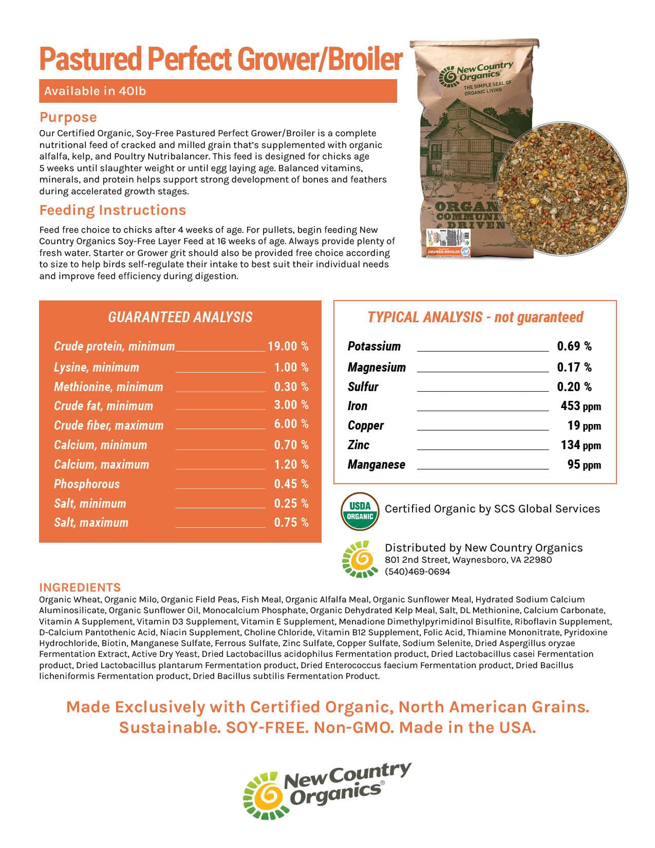 New Country Organics | Pastured Perfect Grower/Broiler Feed for Growing Chickens | Corn-Free and Soy-Free | 19% Protein | Certified Organic and Non-GMO | 40 lbs