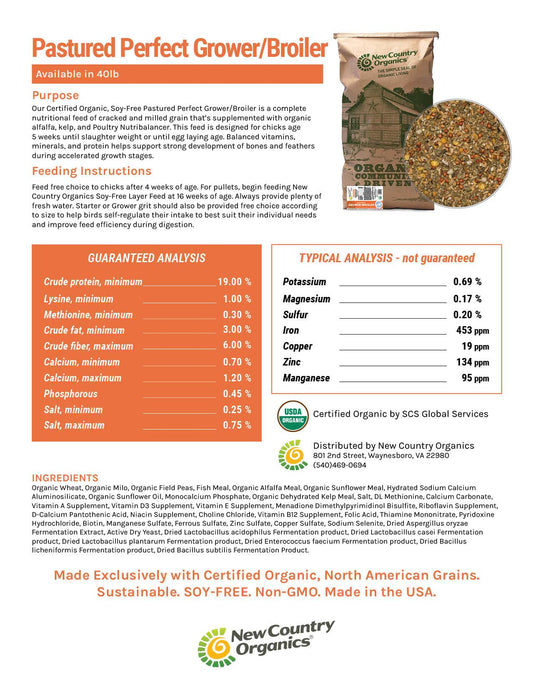 New Country Organics | Pastured Perfect Grower/Broiler Feed for Growing Chickens | Corn-Free and Soy-Free | 19% Protein | Certified Organic and Non-GMO | 40 lbs