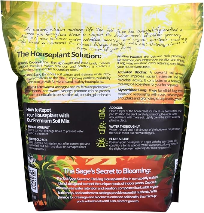 Soil Sage 5 qt Premium Houseplant Soil - U.S.A. Made Well-Draining Nutrient-Rich Potting Mix for Indoor Plants - Coconut Coir, Composted Bark, Pumice & Mycorrhizae for Strong Roots & Growth
