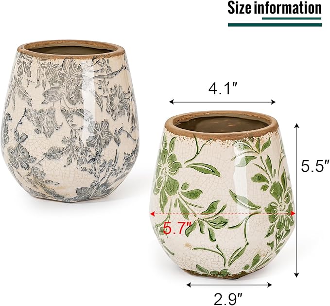 Sungmor Vintage Ceramic Plant Pots, Set of 2 Pretty Ice Cracked Glaze Ceramic Flower Pots, 5.7in. Herb Planters with Drainage Hole, Tuscan Planters for Indoor Outdoor Plants, Home Garden Decor Pot