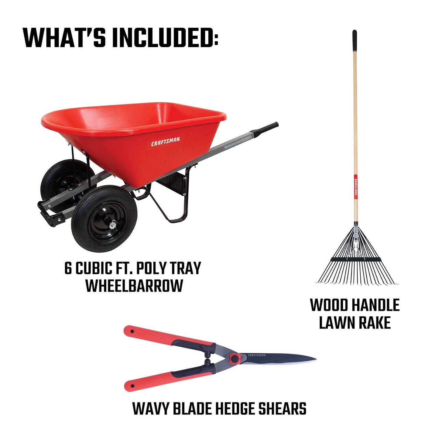 CRAFTSMAN CMXMKIT0190 3-Piece Leaf Clean-Up Set with Wavy Blade Hedge Shears, 22-Tine Wood Handle Lawn Rake and 6 Cu. Ft. Poly Tray Wheelbarrow, Red