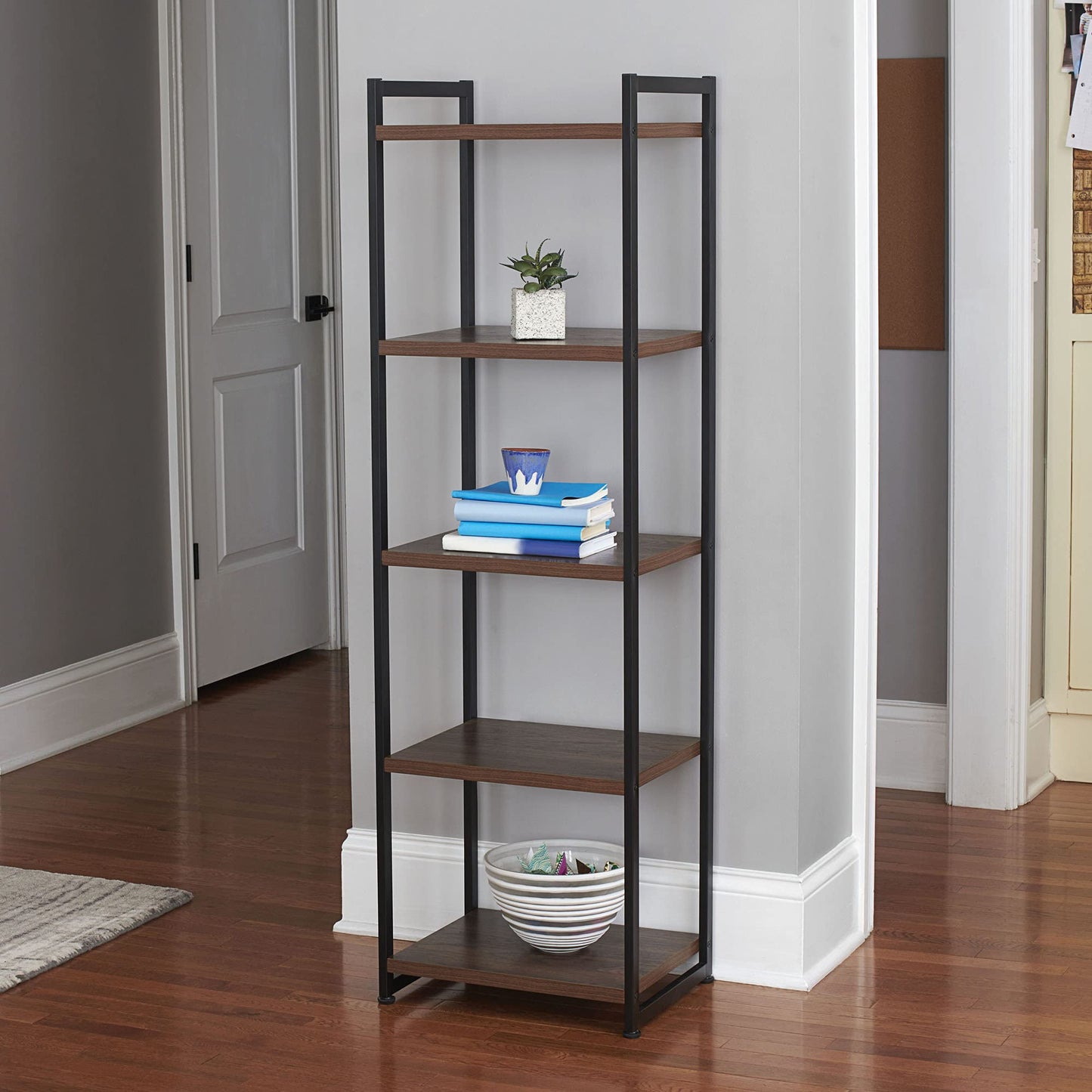 Household Essentials Jamestown Narrow 5 Shelf Open Storage Bookshelf Mid Century Walnut Wood Grain and Black Metal