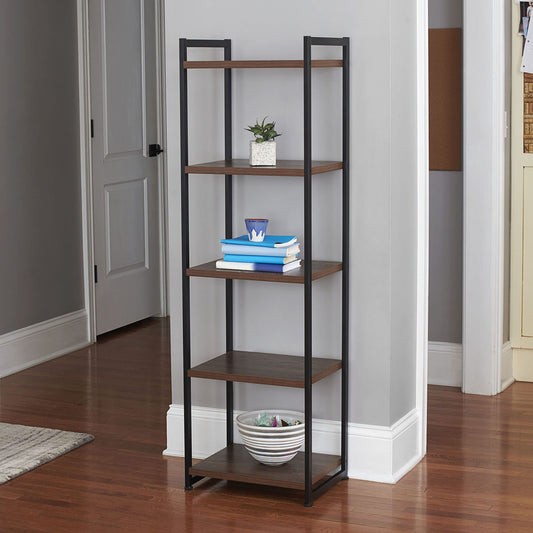 Household Essentials Jamestown Narrow 5 Shelf Open Storage Bookshelf Mid Century Walnut Wood Grain and Black Metal