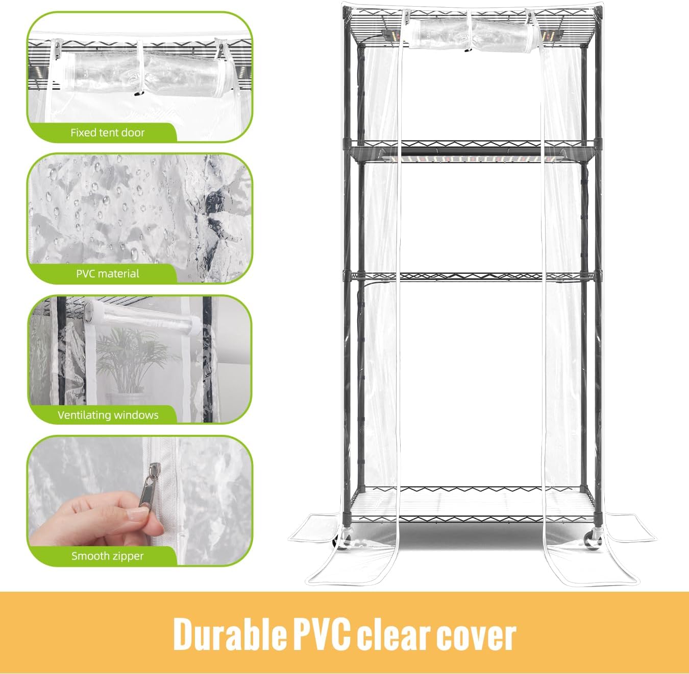 SpeePlant Indoor Greenhouse with Grow Light and Shelves - 4 Tier Plant Stand with Grow Light, Zippered PVC Cover and 3 Dimmable 1.8FT 60W Grow Lights with Timer, 30""(L) X 14""(W) X 59""(H), Black