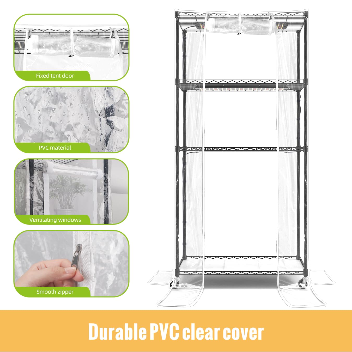 SpeePlant Indoor Greenhouse with Grow Light and Shelves - 4 Tier Plant Stand with Grow Light, Zippered PVC Cover and 3 Dimmable 1.8FT 60W Grow Lights with Timer, 30""(L) X 14""(W) X 59""(H), Black