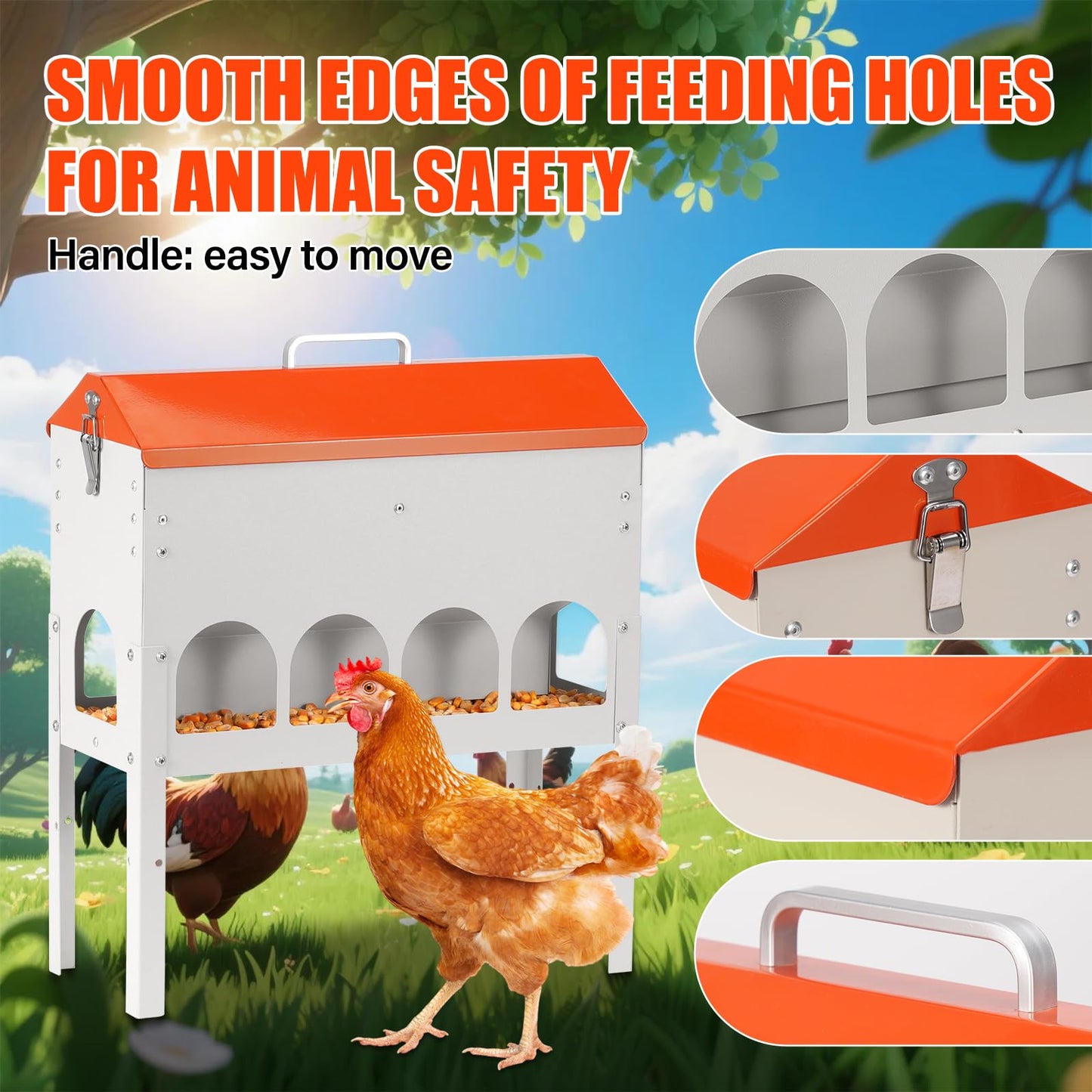 MUDUOBAN Chicken Feeder No Waste 15 Pound,10 Feeding Ports,with Metal Feeder Box Stands for Chicken Poultry Duck,No Food Buildup at The Bottom