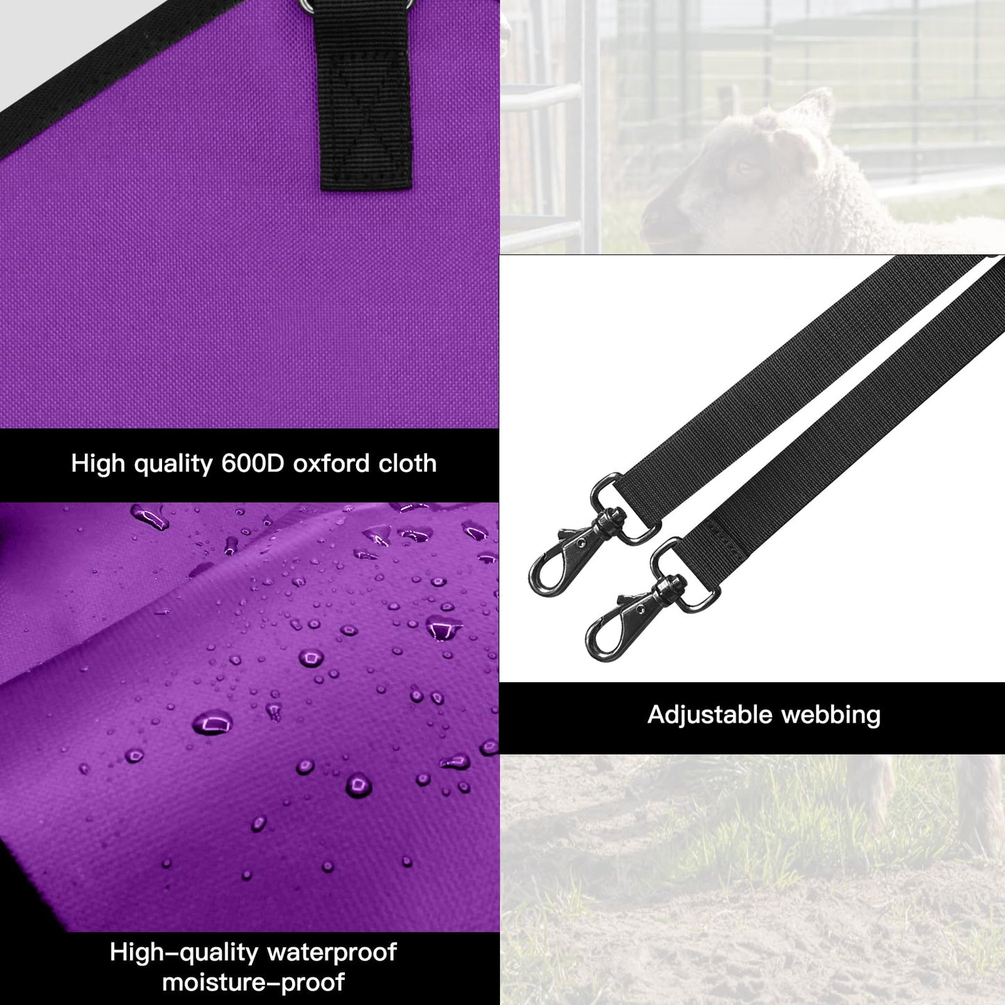 MIYABALA 3 Packs Goat Hay Feeder,Hay Bags for Goats,Horses,Sheep,Premium 600D Oxford Cloth,with Metal Fastener and Adjustable Open Feed Hole for Slow Feeding. (2Purple + 1Black)