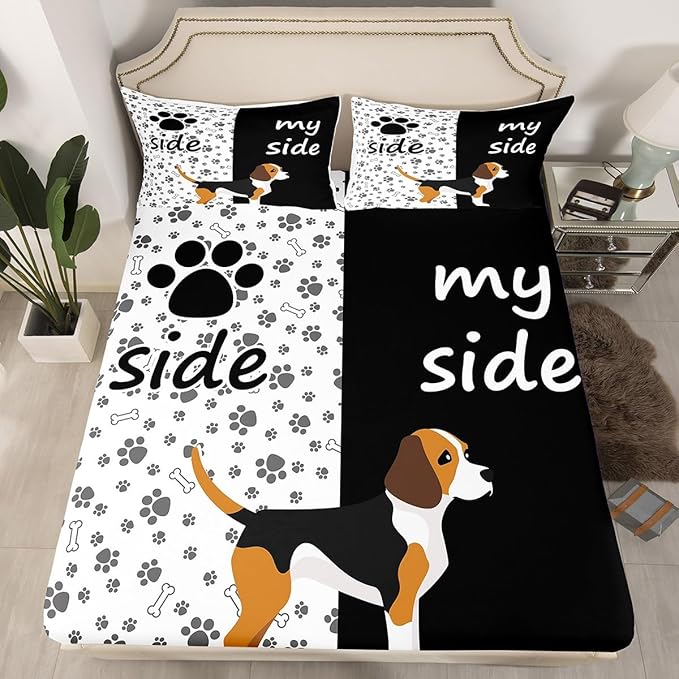 Erosebridal Lovely Dog Paw Bed Sheet Twin,Cute Puppy Bones Sheet Set for Kids Boys Girls,Black and White Animal Bedding Set Bedroom Decor,Dog Side My Side Fitted Sheet + Flat Sheet + 1 Pillowcase