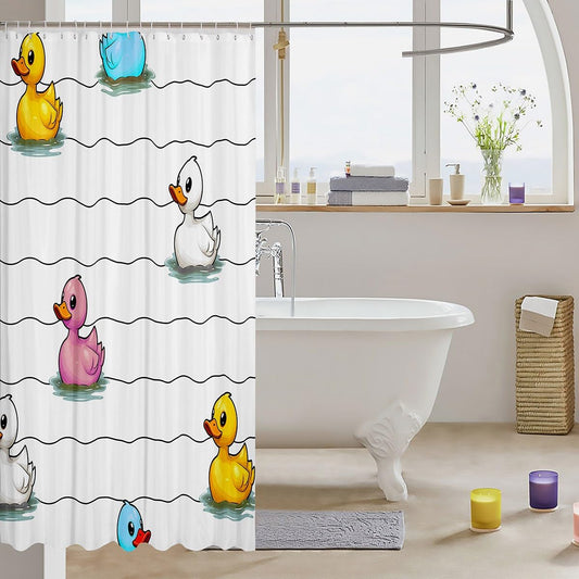Erosebridal Cute Hand Drawn Duck Wave Lines Bath Curtain, Colorful Farmhouse Animal Waterproof Shower Curtain 72x72 for Kids Boys Girls