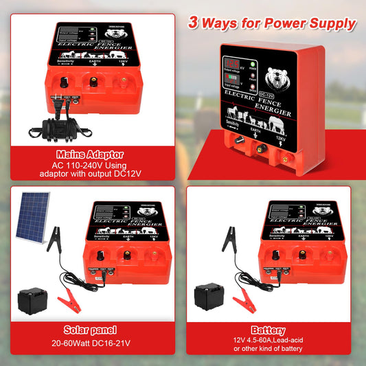 9J Electric Fence Charger Energizer, 9 Joules 20 Miles, AC DC 2 in 1 Powered Supply, Input 12V Output 12KV, with Display Alarm and Remote, Deter Predators, Contain Cattle Cow and Livestock