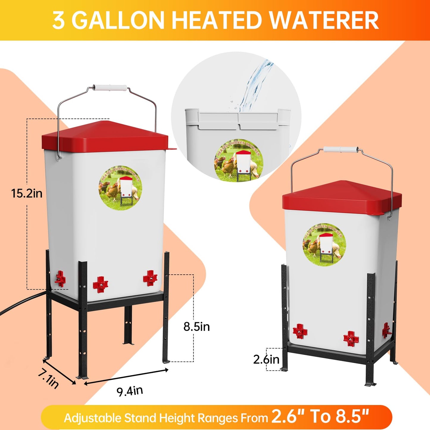 Nexum 2 Gallon Heated Chicken Waterer - Outdoor Unfrozen Poultry Drinker for Winter with 4 Nipples and Adjustable Stand Automatic Chicks Water Bucket (Red, 3 Gallon)