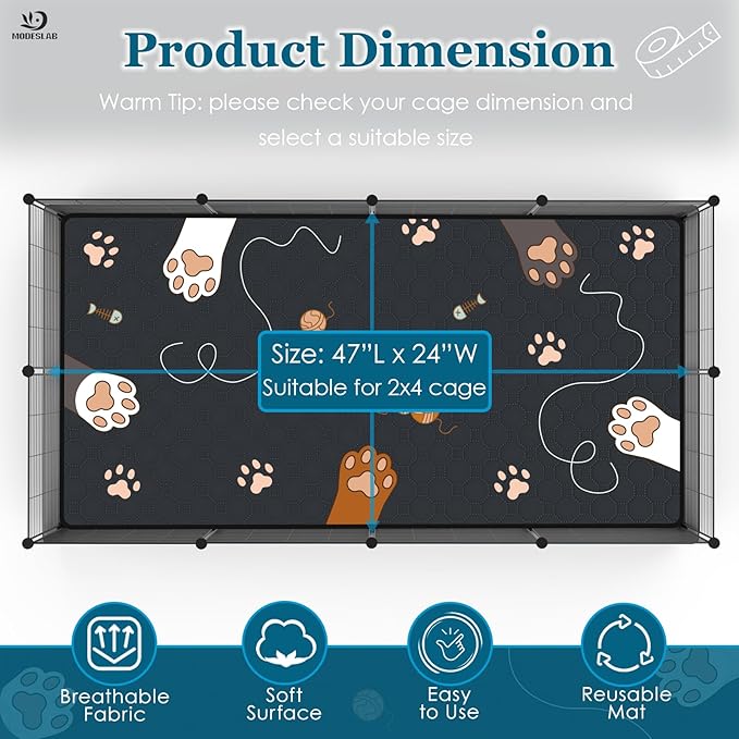 4-Pack Guinea Pig Cage Liner Washable, 24in x 47in Ultra-Absorbent Guinea Pig Bedding for Cage Non-Slip Leak-Proof Pee Pads for Dogs Rabbit Bunny Cat Litter Mat, Black