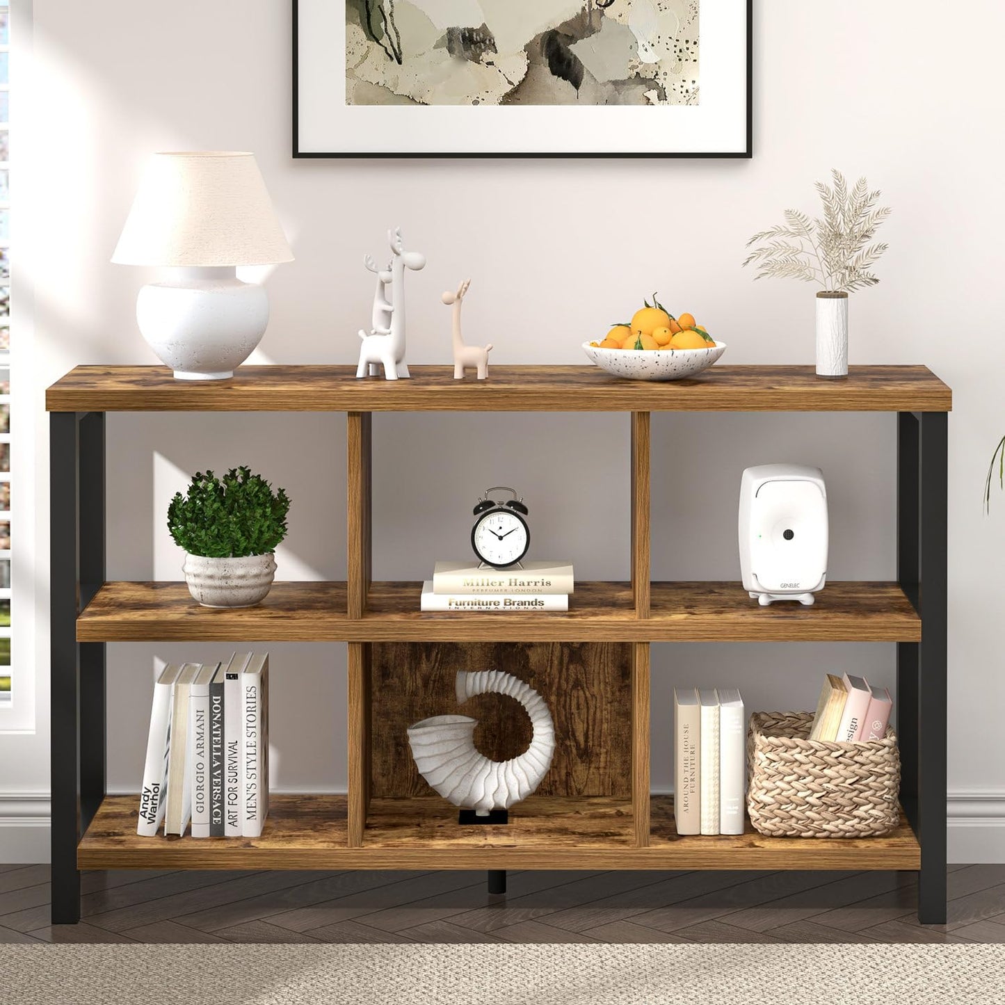 FOLUBAN Industrial Horizontal Bookshelf, 6 Cube Storage Organizer with Shelf, Wood and Metal Cubby Bookcase for Living Room Bedroom, Rustic Brown, 47 Inch