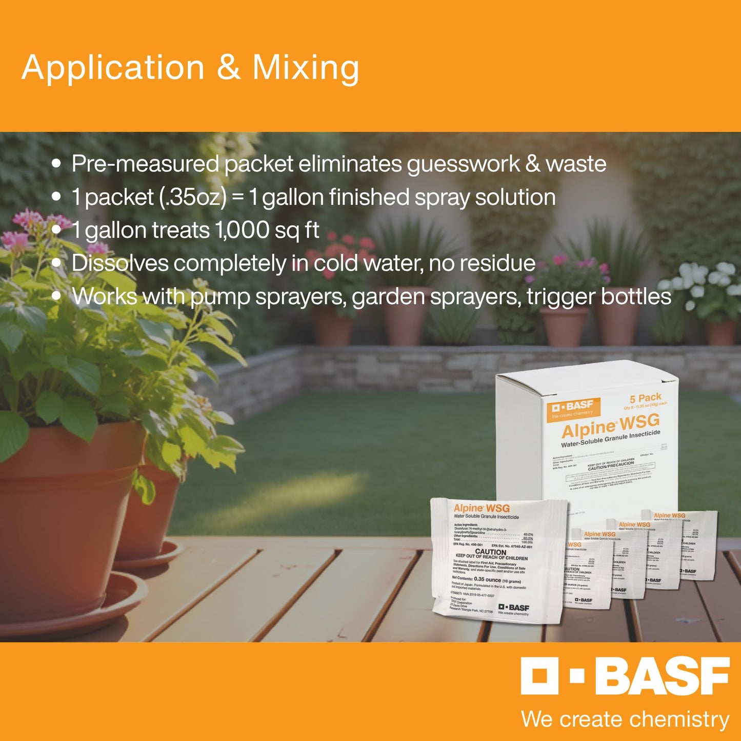 BASF Alpine WSG Insecticide, Water Soluble Granules for Indoor & Outdoor Pest Control, Kills Ants, Flies, Bed Bugs, German Cockroaches – 5 x 0.35 oz Packets (Each Makes 1 Gallon for 1,000 sq ft)