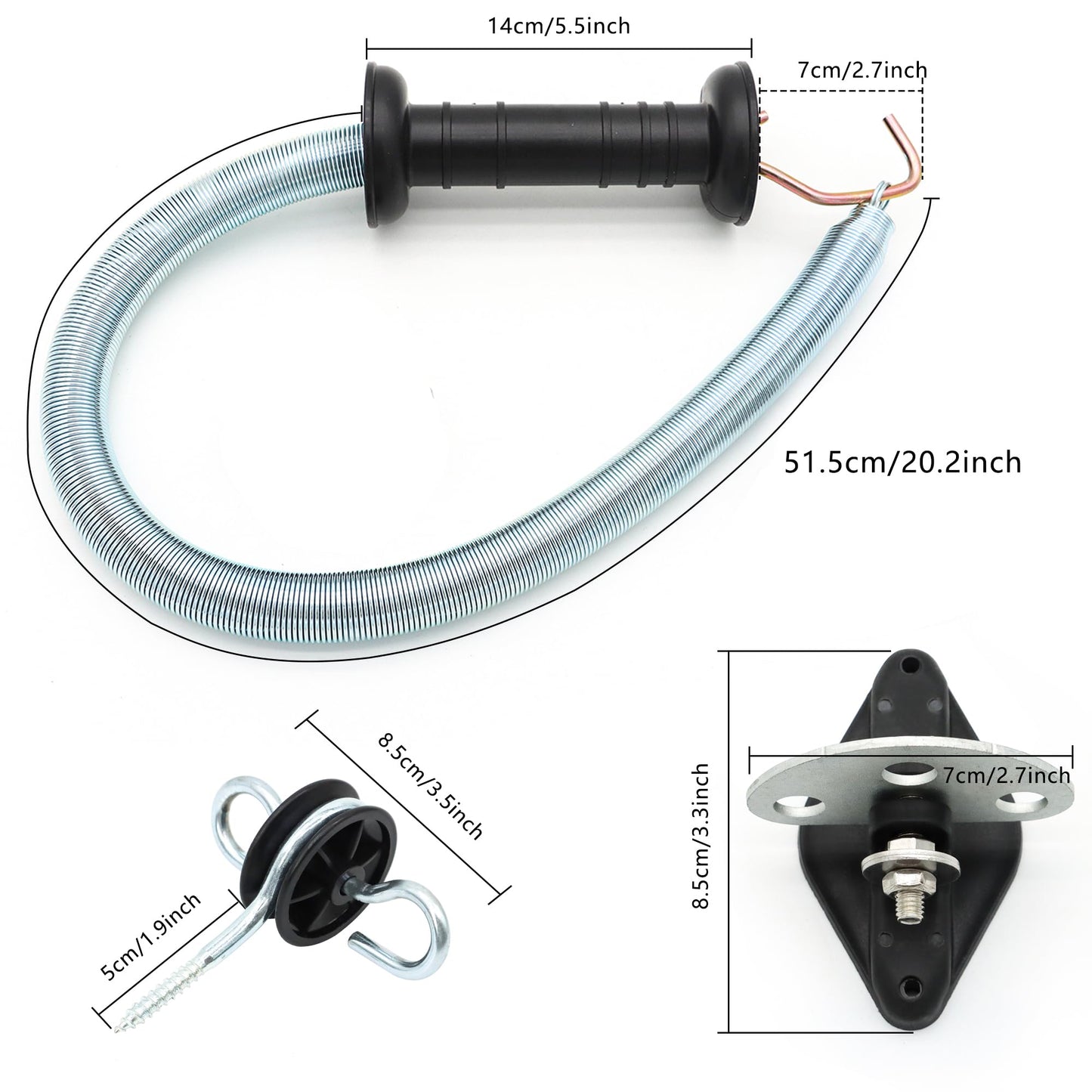 Electric Fence Spring Gate Handles Kit, Dual Ring Electric Fence Insulators for Wooden Post, Electric Fence Handle Set with Anchors,16-Feet Tension Spring, Black (4)