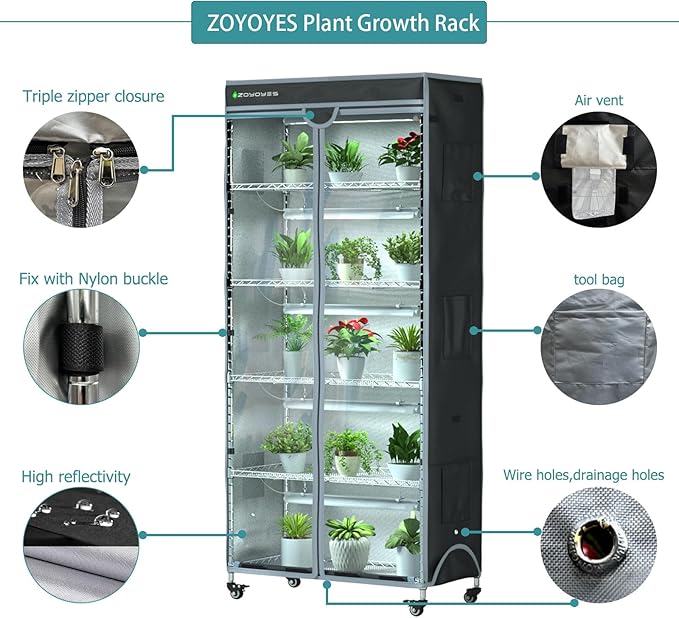 Plant Greenhouse 6-Tiered Heavy Duty Metal Growth Shelf with 5 Sets T8 Grow Light Rack Cover Thermometer Timer for Seedling Cultivation Reproduction Flowering,30" LX14 WX72 H