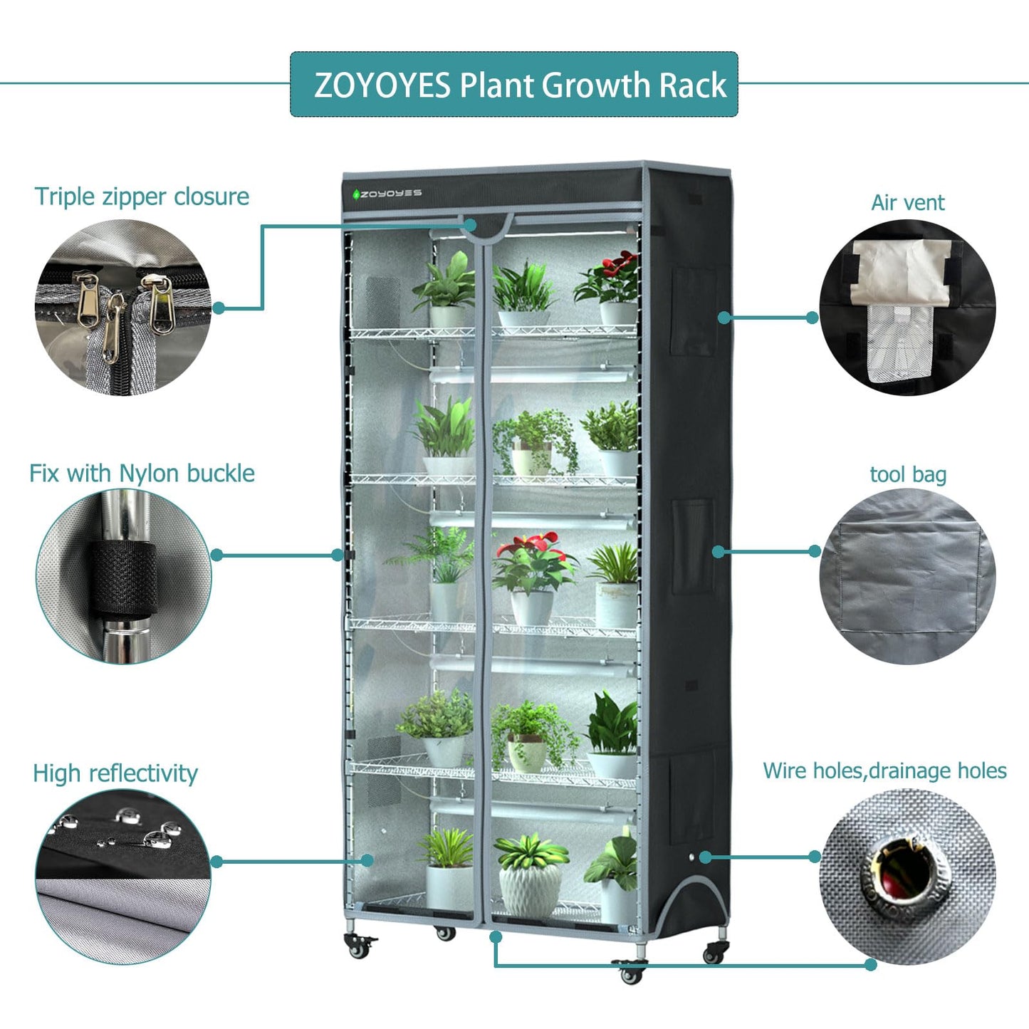 ZOYOYES Plant Greenhouse 6-Tiered Heavy Duty Metal Growth Shelf with 5 Sets T8 Grow Light Rack Cover Thermometer Timer for Seedling Cultivation Reproduction Flowering,30" LX14 WX72 H
