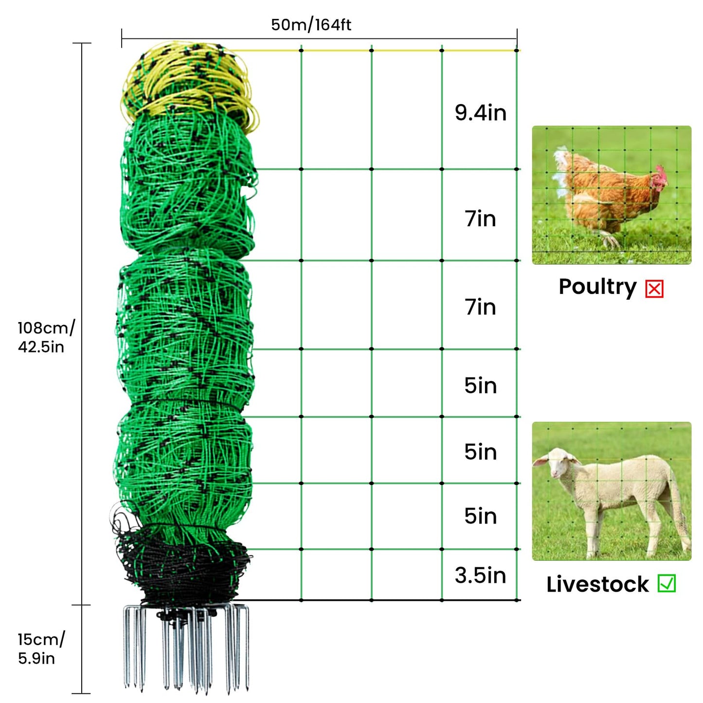 Electric Fence Netting, 164'L x 42.5" H Movable Livestock Nets for Sheep, Hogs, Cattle, PE Net Fencing Kit with 14 Posts Double Spiked, Electric Fencing for Backyards, Homesteaders, Farms Ranches
