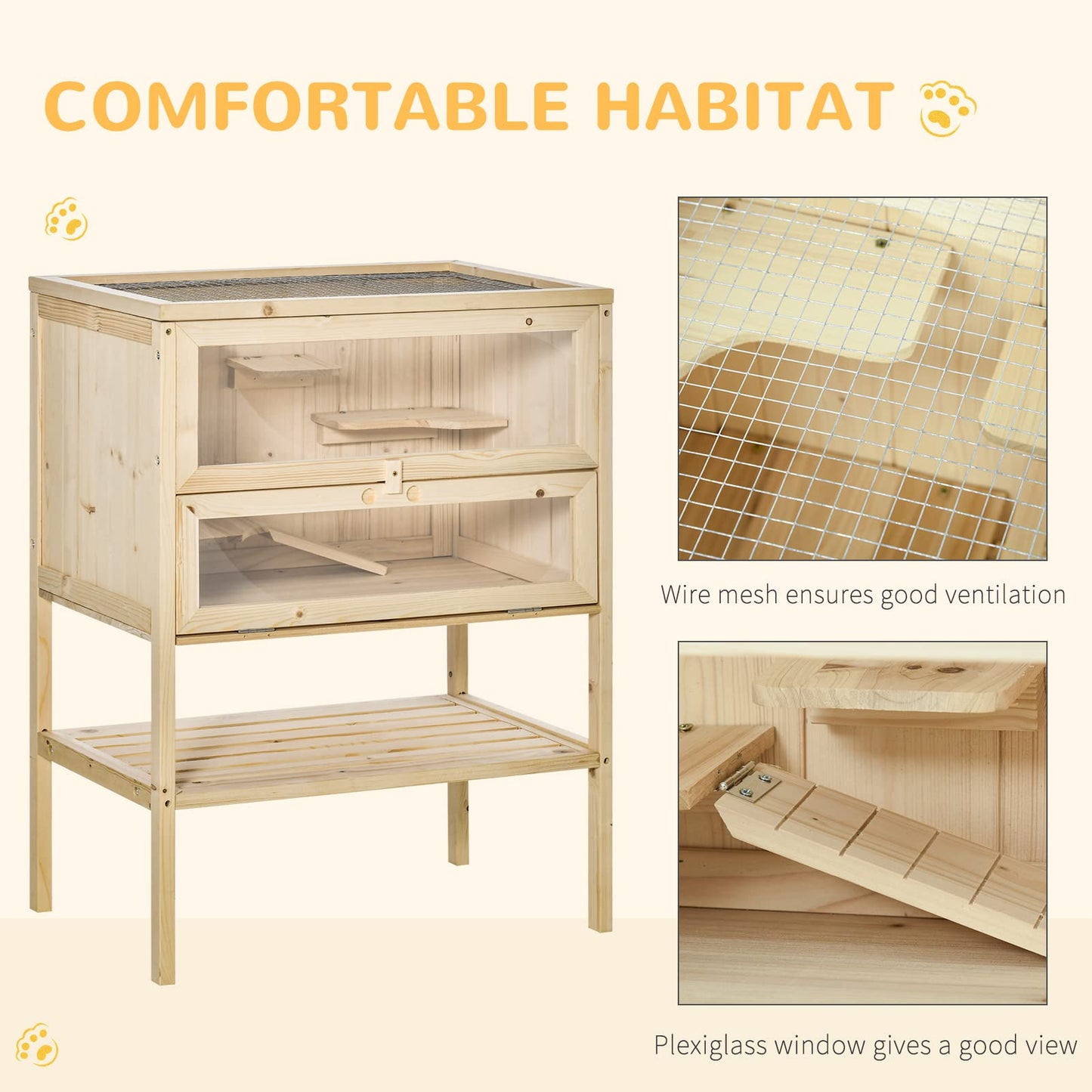 PawHut 3-Tier Wooden Hamster Cage Mice and Rat Cage Small Animals Hutch with Openable Top, Front Door, Storage Shelf, Natural Wood