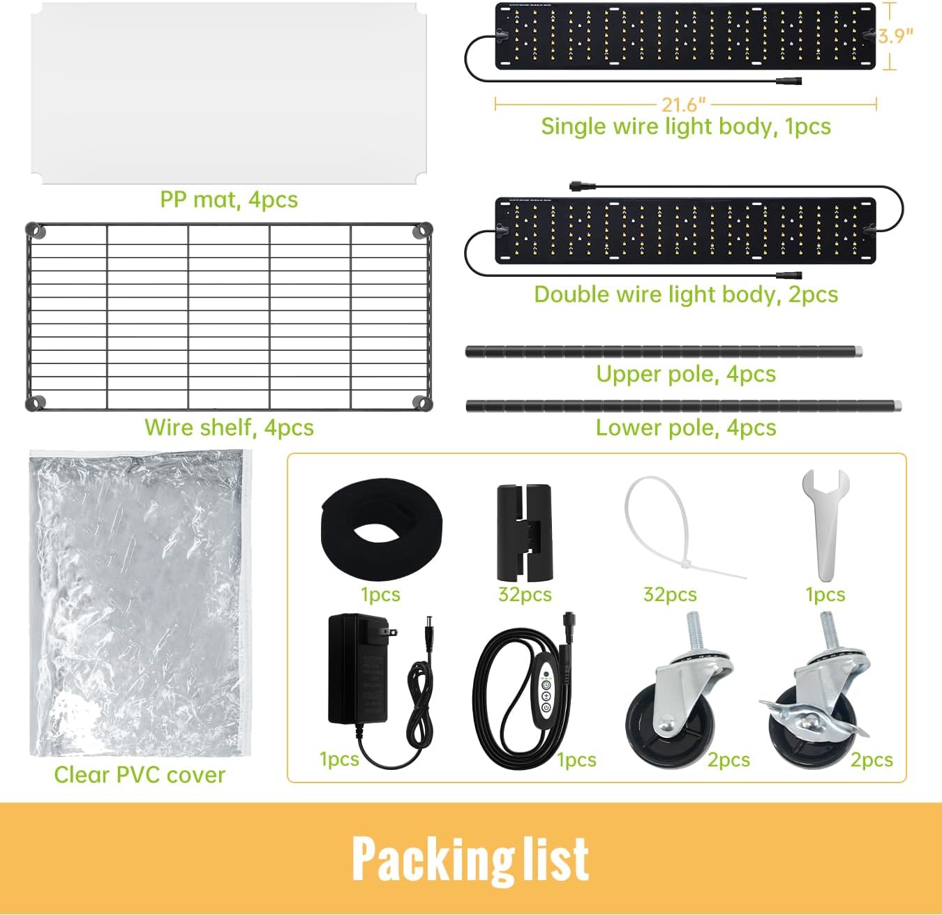 SpeePlant Indoor Greenhouse with Grow Light and Shelves - 4 Tier Plant Stand with Grow Light, Zippered PVC Cover and 3 Dimmable 1.8FT 60W Grow Lights with Timer, 30""(L) X 14""(W) X 59""(H), Black