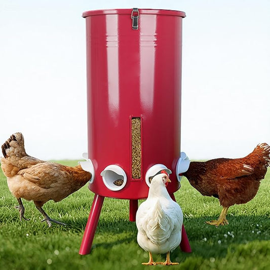 KOL 75 LB Large Free Standing Chicken Feeder, Portable Gravity Chicken Feeder Automatic, Dispenser, 8 Feeding Ports Poultry Feeder for Chicken Rooster & Hen (Red)