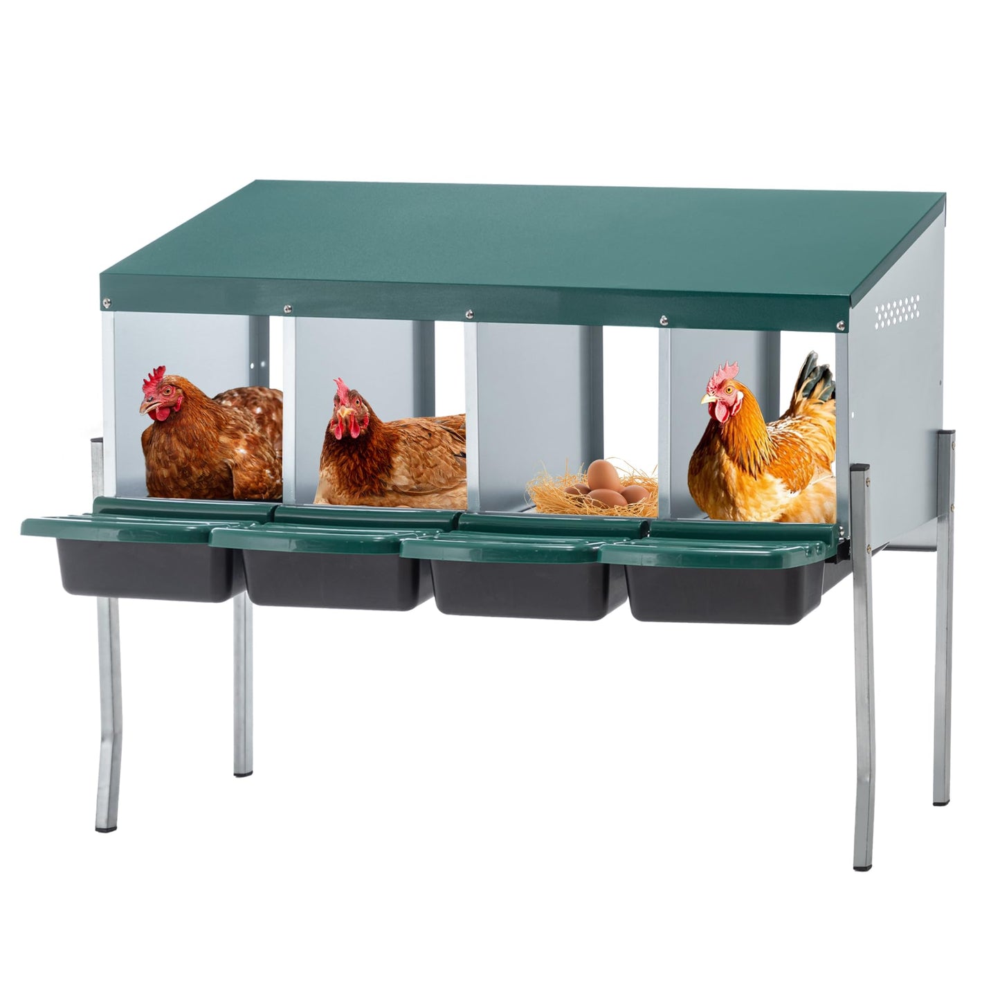 Chicken Nesting Box, 4 Compartment Metal Laying Box, Roll Away Nesting Boxes for Chicken, Indoor & Outdoor Use, Easy Egg Collection, 4 Holes with Legs, Green