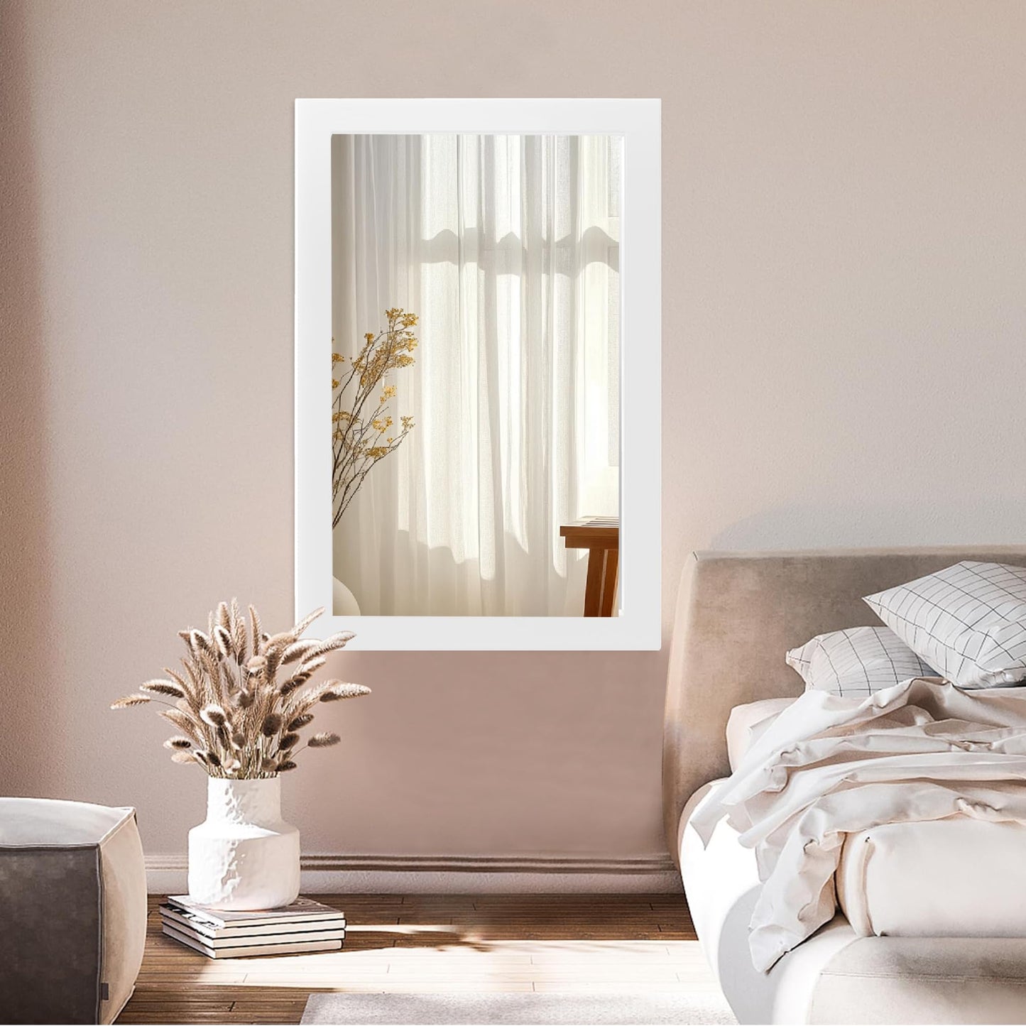 Inbenioso 54''x36'' Rustic Wall Mirror for Bathroom White Wood Frame, Classic Rectangle Mirror Farmhouse Vanity Wall Mirror Decor Living Room, Bedroom, Entryway