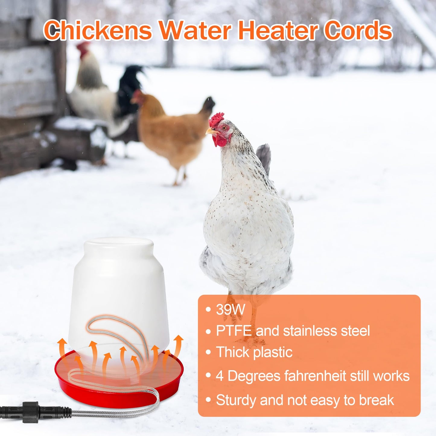 Saillong Chickens Water Heater Cord, Heated Chicken Waterer for Winter, Freeze Proof Heated Waterer for Poultry, Small Animals (Rabbits, Guinea Pigs, etc.), Prevent Water Freezing in Drinkers (1 Pack)