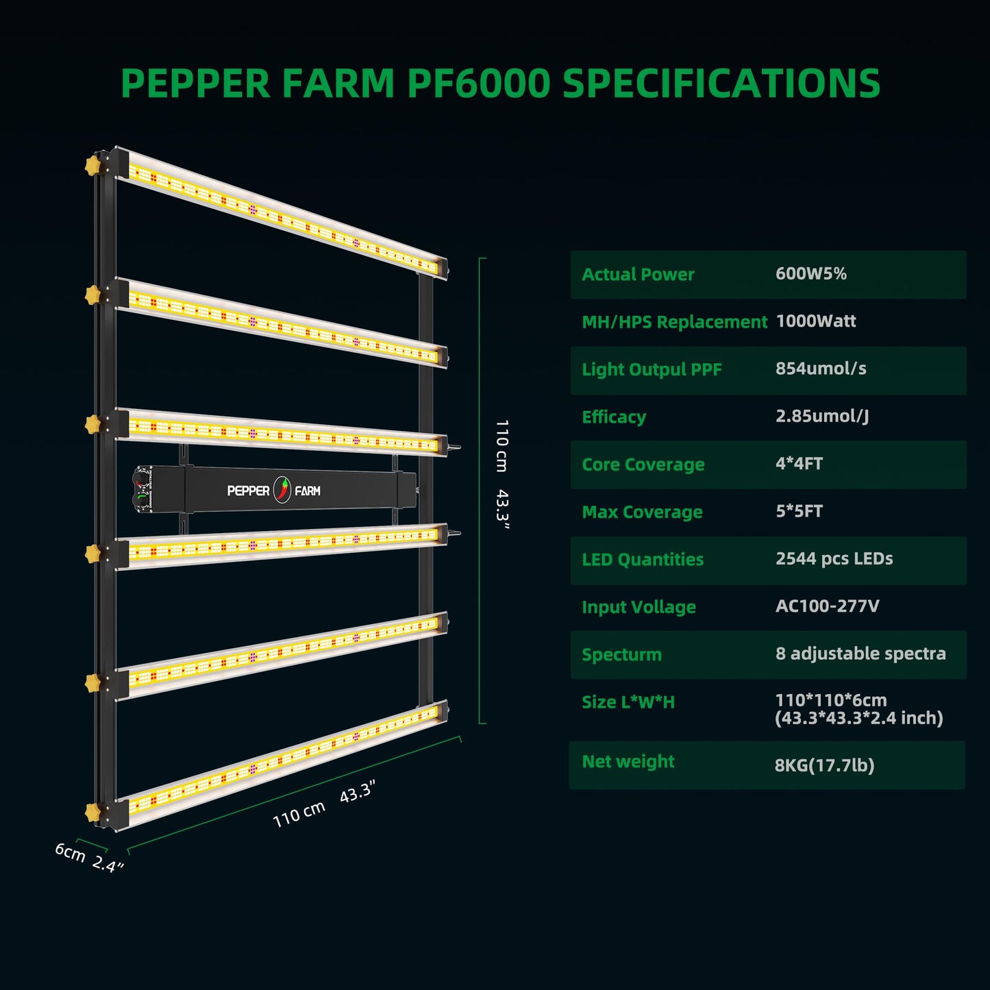PEPPER FARM LED Grow Light PF6000 Dimming Sunlike Full Spectrum Growing Lamps for Seedlings Veg Bloom in Grow Tent Greenhouse Daisy Chain