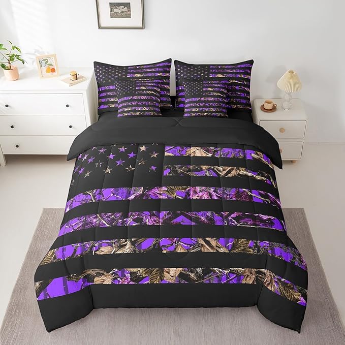 Feelyou American Flag 7 Pieces Bedding Set, King Size Purple Camouflage All Season,Bed in a Bag with Comforter, Sheets, Pillowcases Branch Hunting Bed Set Breathable Camouflage Hunter Room Decor