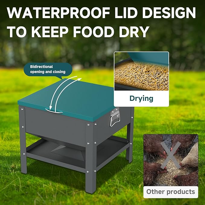 Portable Metal Chicken Feeder with Waterproof Lid, Freestanding Chicken Feeding Box with 80 lbs Large Capacity for Chickens, Green