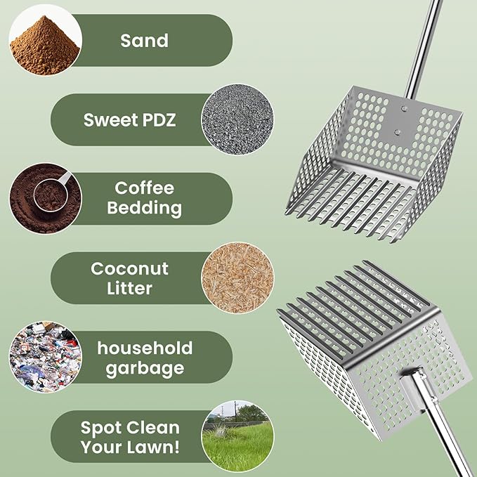 Stainless Steel Chicken Poop Scooper & Rake - Heavy-Duty 2-in-1 Sand Sifter Shovel with Long Handle Adjustable Length for Coops & Small Farms
