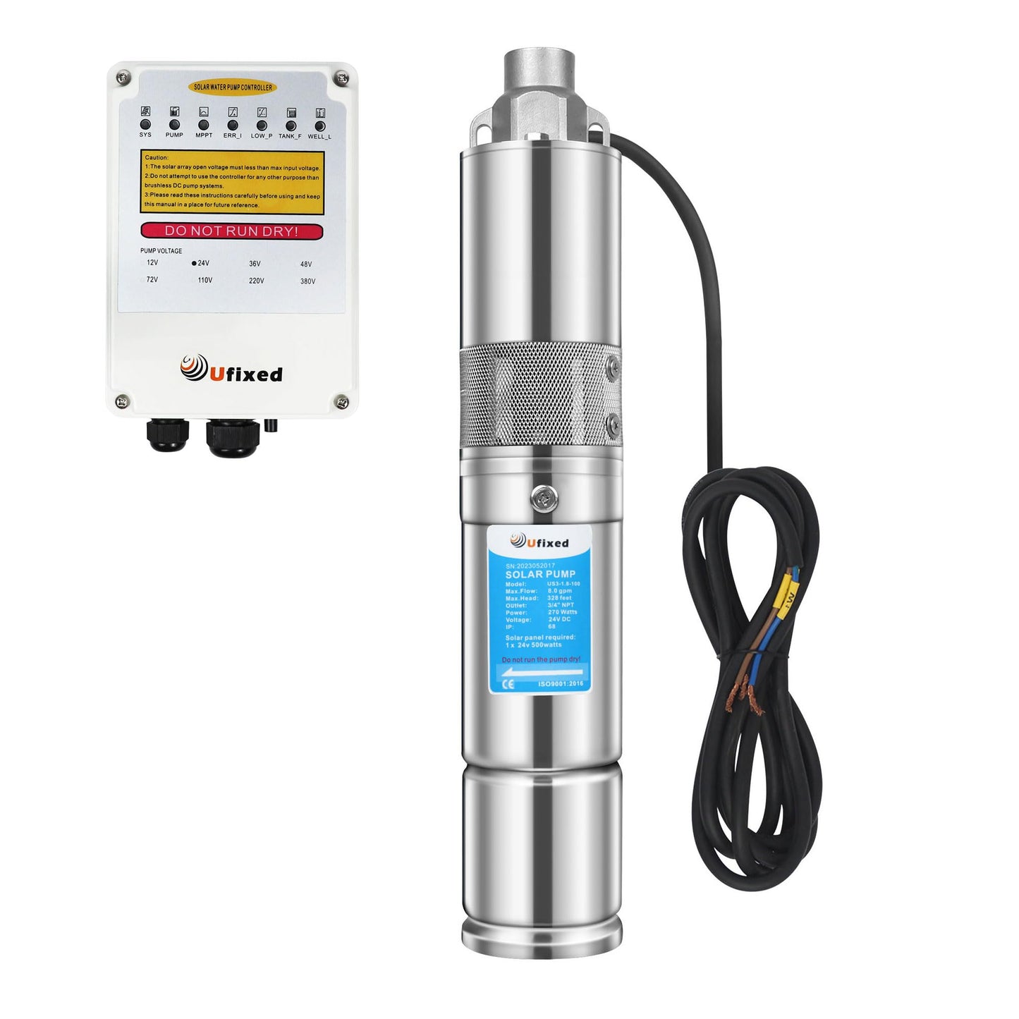 Solar Well Pump With MPPT Controller 7.9GPM 320Ft Head 3/4" Outlet 3" OD 270W Food-Safe Stainless Steel 24V DC Deep Well Pump